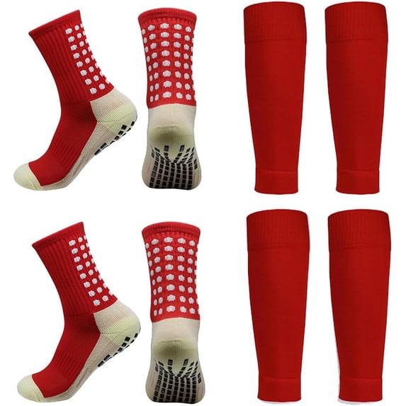 2 Set Anti-Slip Grip Soccer Socks with Shin Guard Sleeves, Sports Athletic Socks for Men Women