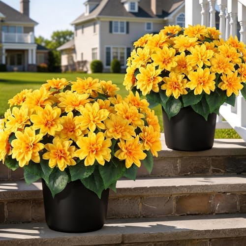 2 Set of Artificial Dahlia Topiary Ball Trees - Fake Silk Dahlia Flower Bushes, UV Resistant Faux Floral Shrub Potted for Front Door Porch Farmhouse Wedding Outdoor Decor (Yellow)