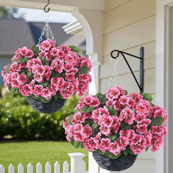 2 Set Artificial Geranium Hanging Baskets for Outdoors Sun Resistant Silk Flowers Peach Pink