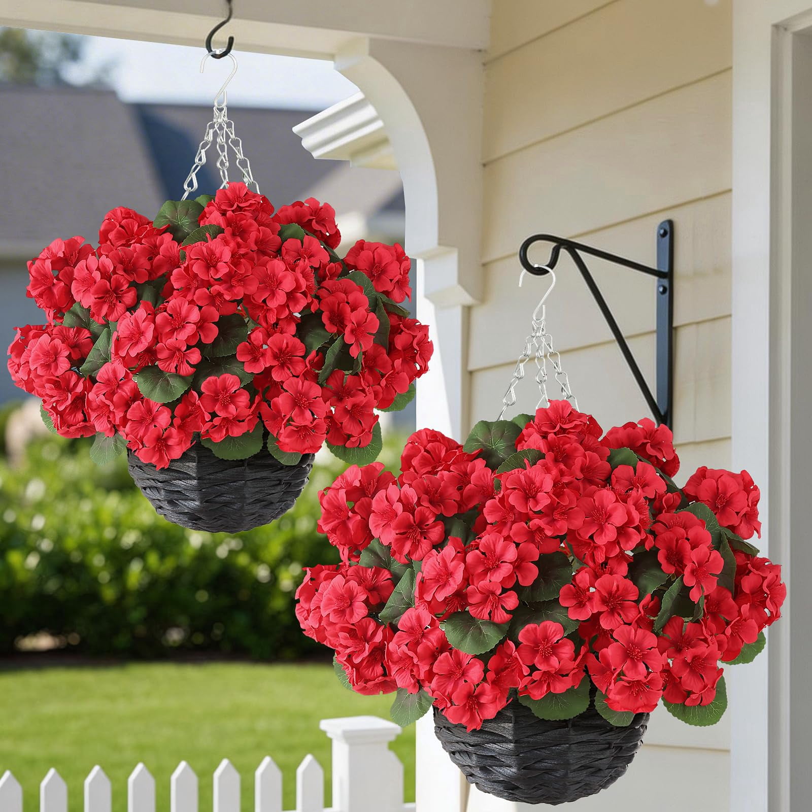 2 Set Artificial Geraniums Flowers with Hanging Baskets for Outdoors - Sun Resistant Silk with Geranium Flowers, Fake Hanging Planters for Front Porch Garden Patio Home Decor (Red)