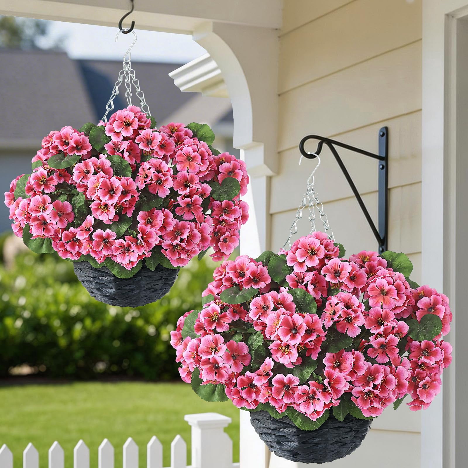 2 Set Artificial Geraniums Flowers with Hanging Baskets for Outdoors - Sun Resistant Silk with Geranium Flowers, Fake Hanging Planters for Front Porch Garden Patio Home Decor (Red)