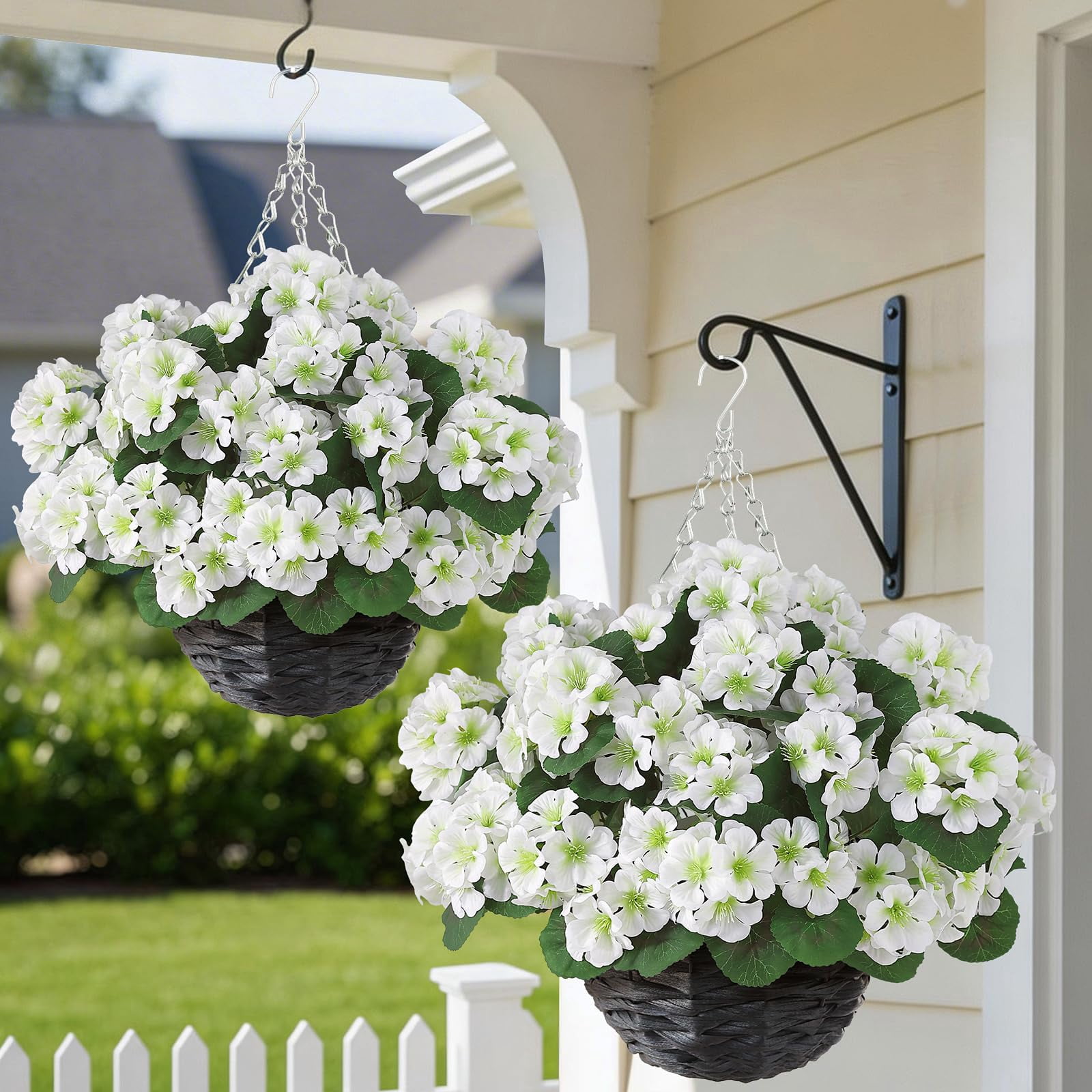2 Set Artificial Geraniums Flowers with Hanging Baskets for Outdoors - Sun Resistant Silk with Geranium Flowers, Fake Hanging Planters for Front Porch Garden Patio Home Decor (Red)