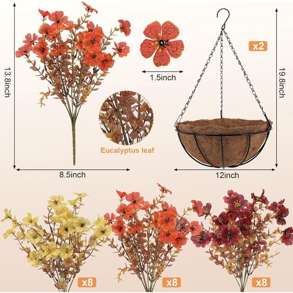 2 Set Artificial Hanging Basket Fall Flowers for Outdoor, Fake Faux Look Real Mixed Mums Plants for Autumn Porch Balcony Yard Home Decor