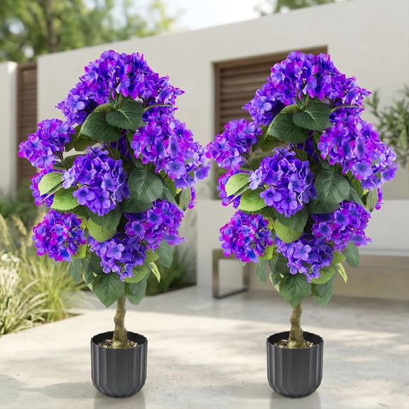 2 Set Artificial Hydrangea Trees in Pot for Indoor Outdoor Decoration Blueviolet