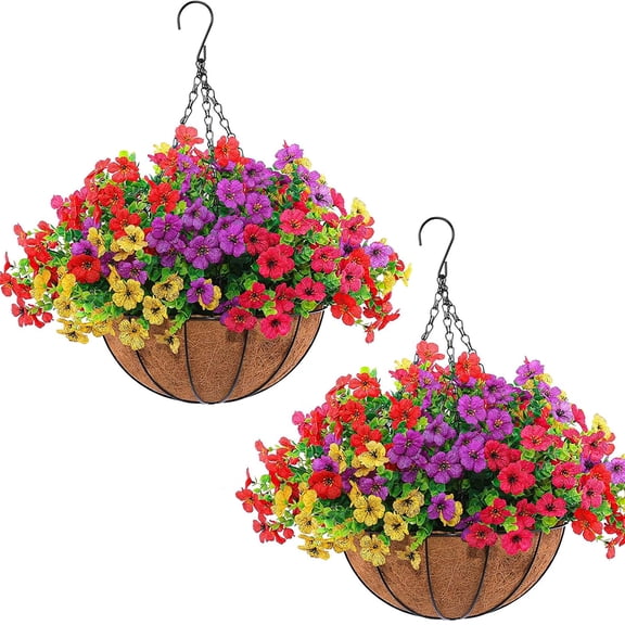 2 Sets of Artificial Hanging Baskets, 24 Simulated Flowers, with Metal Coconut Baskets, Suitable for Outdoor Spring and Summer Courtyard Decoration
