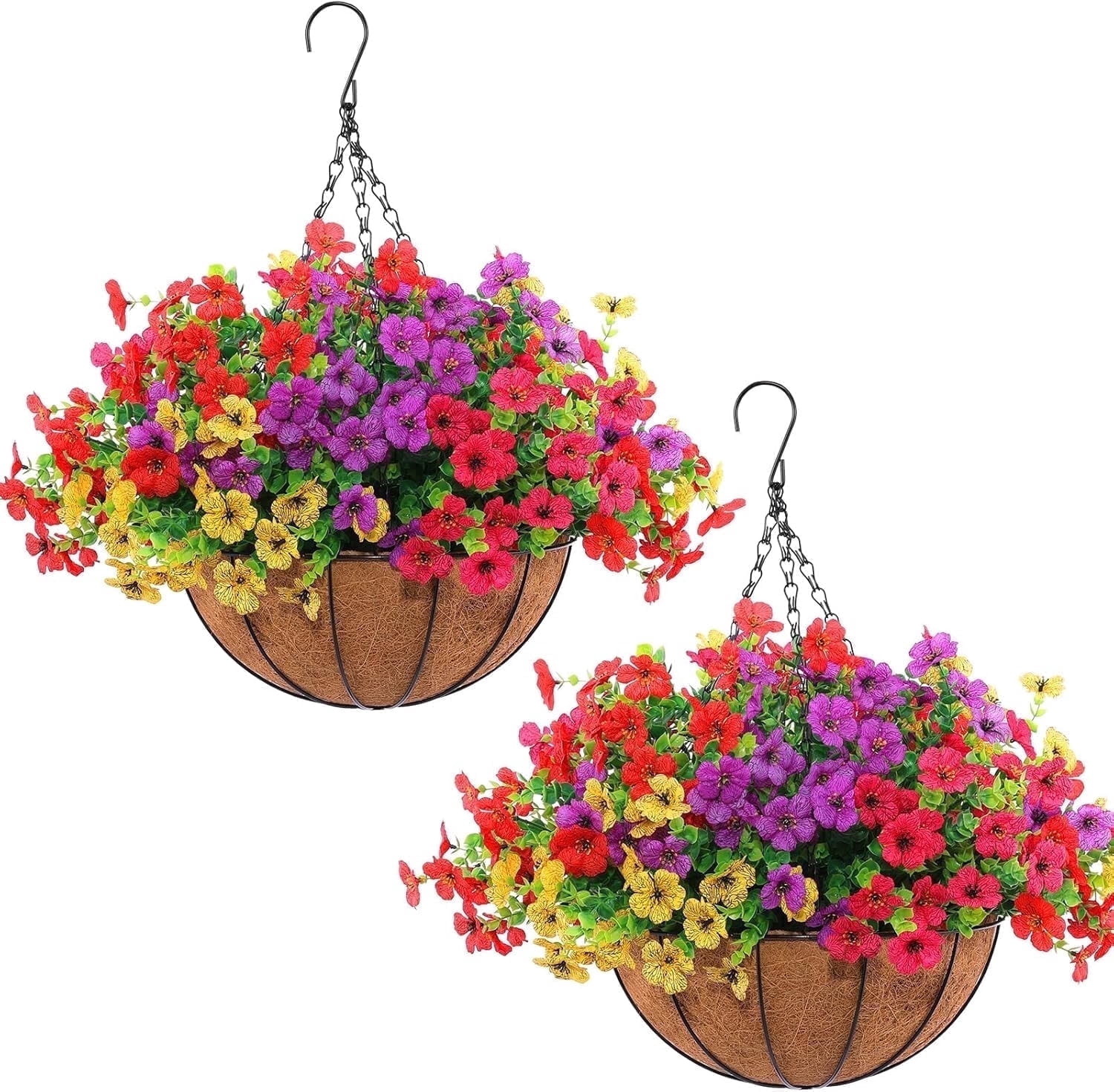 2 Sets of Artificial Hanging Baskets, 24 Simulated Flowers, with Metal Coconut Baskets, Suitable for Outdoor Spring and Summer Courtyard Decoration