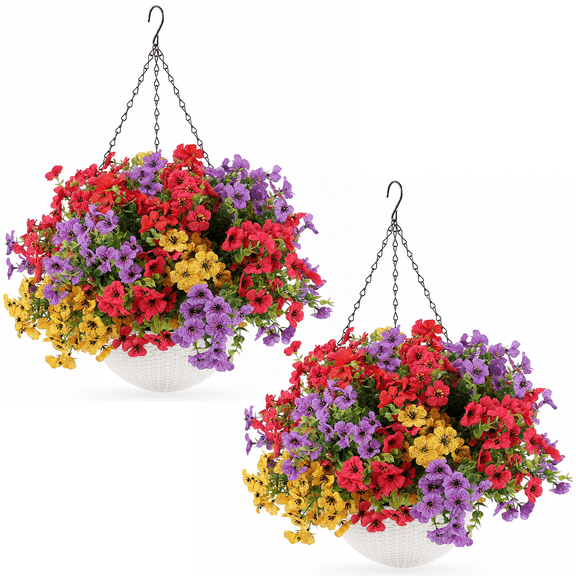 2 Set Artificial Outdoor Flowers with Hanging Basket, 2 Hanging Planters with 24 Pcs Flowers for Spring Summer Front Porch Garden Patio Home Decor, A set