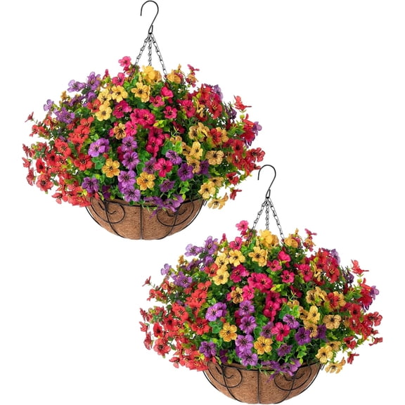 2 Set Artificial Outdoor Flowers Hanging Basket, Faux Hanging Plants for Outside Spring Decoration, Fake Silk UV Resistant Look Real Daisy for Porch Patio Home Decor