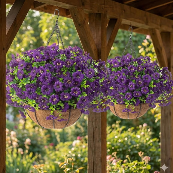 2 Set Artificial Outdoor Flowers with Hanging Basket,  Spring Summer Garden Decor