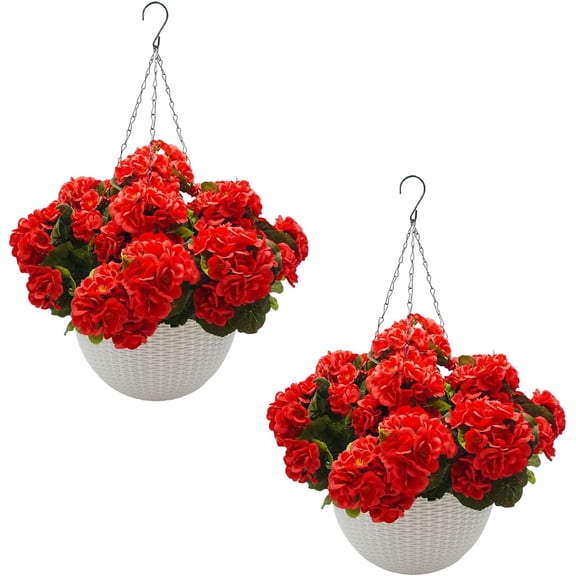 2 Set Artificial Outdoor Geraniums Flowers with White Basket, Artificial Hanging Flowers Plant, 12 Pcs Geraniums Flowers for Christmas, Front Porch, Garden, Patio, Home Decor, Red