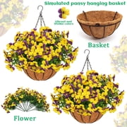 2 Set Artificial Outdoor Pansy Flowers with Hanging Baskets, 2 Hanging Baskets with 20 Pcs Silk Flowers for Spring Easter Decorations Porch Patio Home Decor 2, Purple, Yellow,