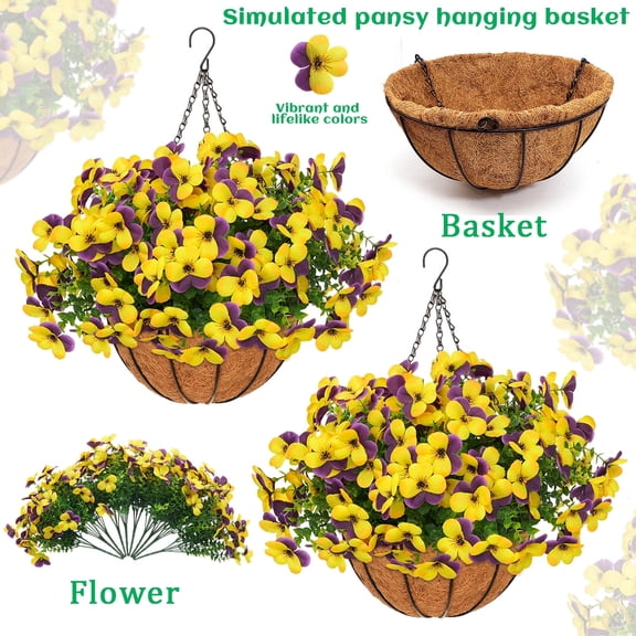 2 Set Artificial Outdoor Pansy Flowers with Hanging Baskets, 2 Hanging Baskets with 20 Pcs Silk Flowers for Spring Easter Decorations Porch Patio Home Decor (2, Purple, Yellow, )