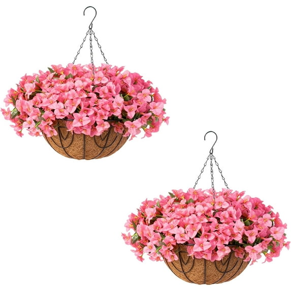2 Set Artificial Pink Geraniums Flowers for Indoors and Outdoors,with Hanging Baskets,24 Bundles of Flowers for Porch Home Patio Balcony Yard Home Decor