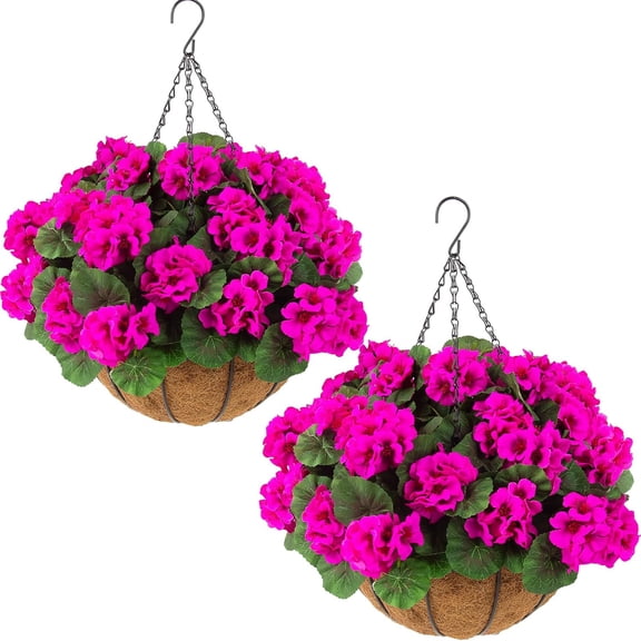 2 Set Artificial Red Geraniums with Hanging Baskets for Outdoor Patio Garden Decor
