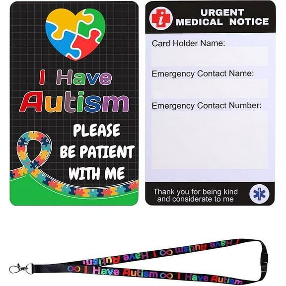 2 Set Autism Alert Card, ADHD Awareness Autistic Emergency Contact Card with Autism Lanyards Waterproof Card Holder Pocket Insert PVC