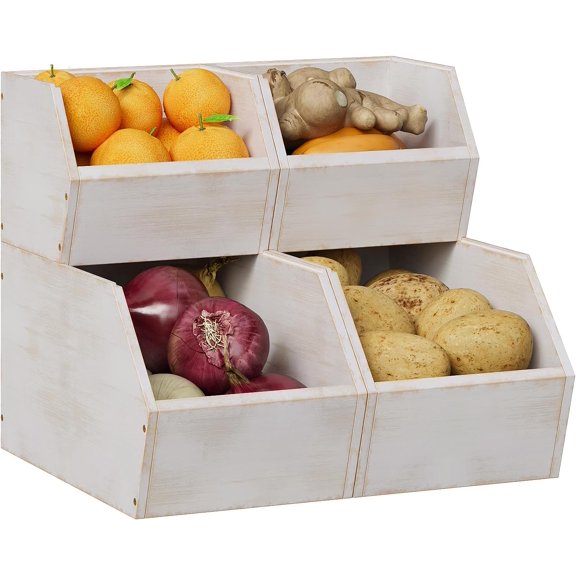 2 Set Bamboo Pantry Storage Bins Wood Stackable Baskets Potato and Onion Storage Bins Fruits Vegetable Bread Organization for Kitchen Counter