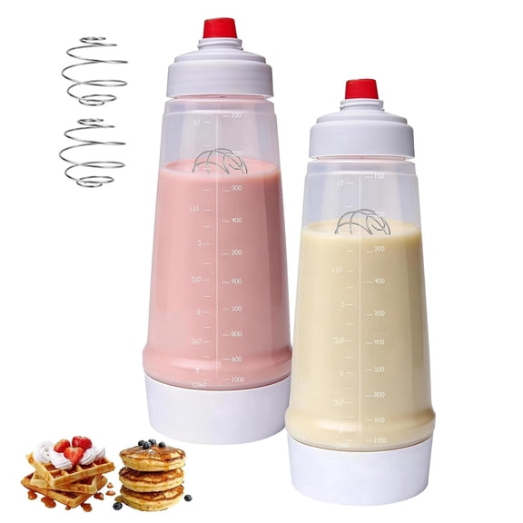 2 Set of Batter Mixer and Dispenser with Whisk Ball, 1000ml Silicone Dispenser and Mixer, Stand Base and Leak-proof Sealing Ring for Pancakes Crepes Waffle Muffins Cupcakes