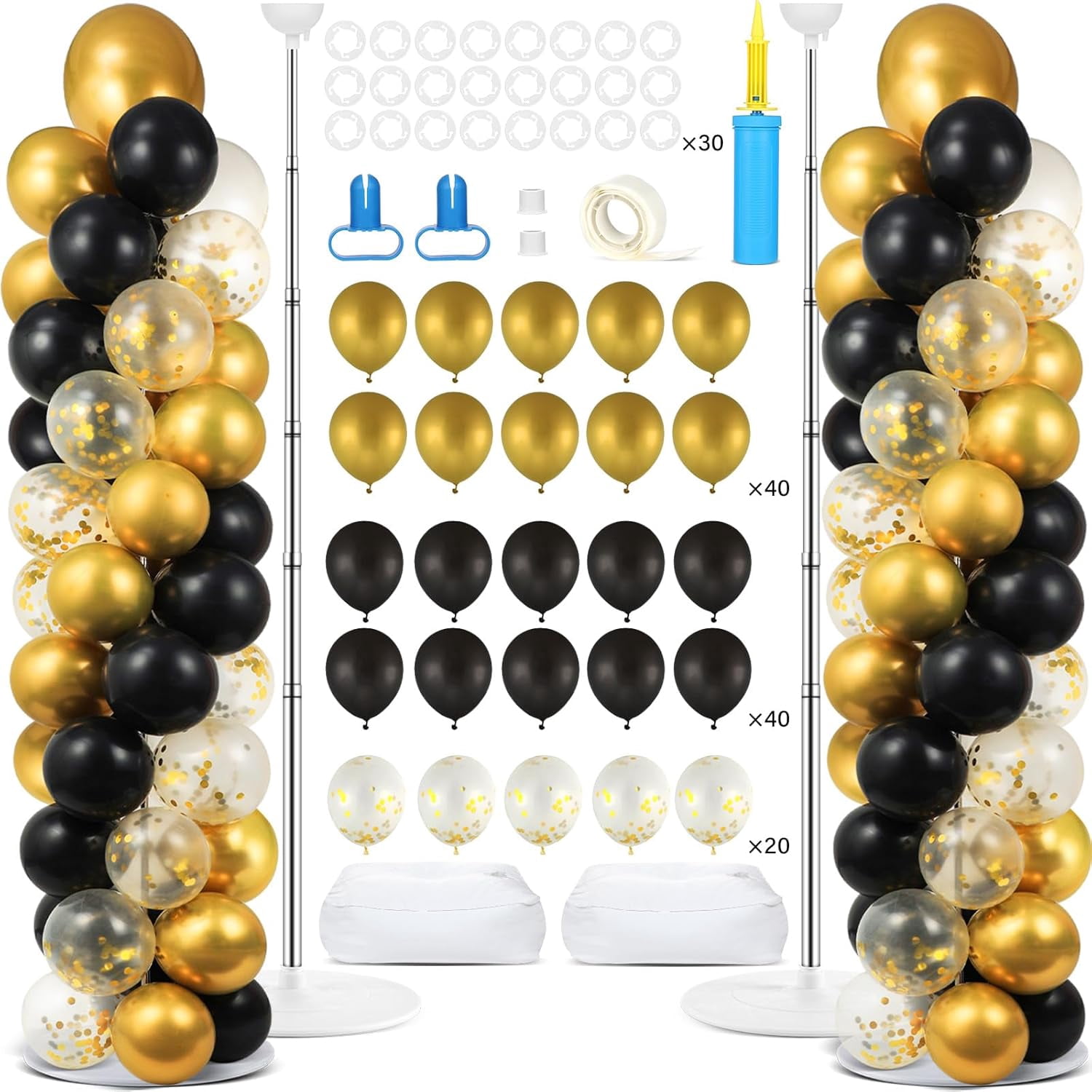 2 Set Black and Gold Balloons Column Stand Kit with 100 Balloons ...