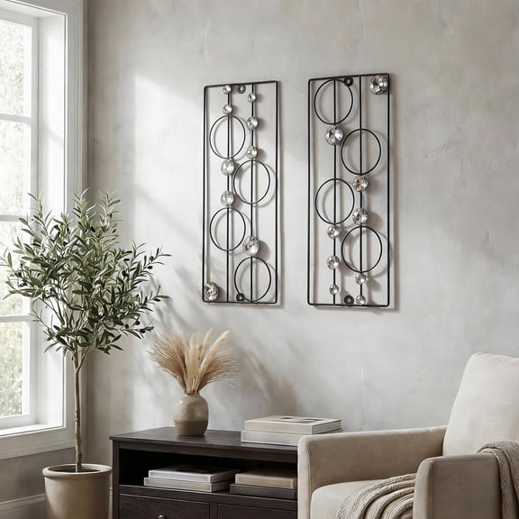 2 Set Black Metal Wall Sculpture Modern Geometric Rhinestone Decor for Living Room Bedroom Office