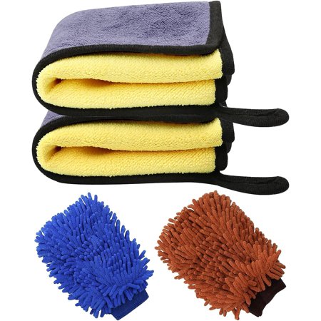 2 Set Car Wash Mitt and Drying Towel, Microfiber Car Cleaning Cloths and Noodle Low Friction Washing Gloves Kit