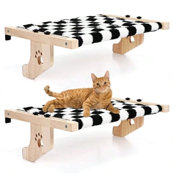 2 Set Cat Window Sill Perch With Sturdy Solid Wood Frame Cat Window Hammock With Flannel Mat Adjustable Cats Seat Bed Shelves For Windowsill Bedside Drawer And Cabinet Up To 33 Lbs