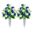 thumbnail image 1 of 2 Set Cemetery Memorial Artificial Flower Rose Bouquet with Vase Sympathy Fake Floral Grave Funeral Deco Dark Blue, 1 of 5
