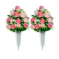 thumbnail image 1 of 2 Set Cemetery Memorial Artificial Flower Rose Bouquet with Vase Sympathy Fake Floral Grave Funeral Deco Pink Red, 1 of 8
