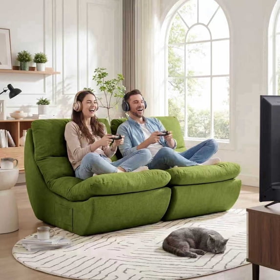 NOFFA 2 Set Comfy Reading Chair for Adults, Boneless Couch with High Rebound Foam, Removable Scratch-Resistant Fabric for Bedroom, Living Room(Green)