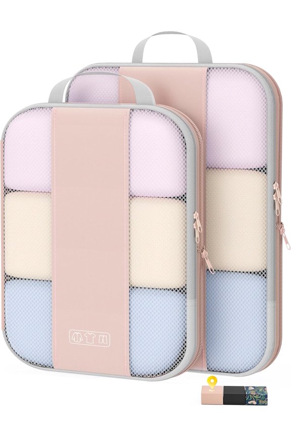 2 Set Compression Packing Cubes for Travel Essentials,Compressible Expandable Packing Cubes for Suitcase,General Luggage Garment Bags for Travel,Handy Helper for Organizing Clothes(Beige)