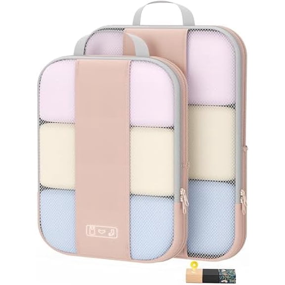 2 Set Compression Packing Cubes for Travel Essentials,Compressible Expandable Packing Cubes for Suitcase, Luggage Organizer Bags for Travel,Handy Helper for Organizing Clothes(Beige)