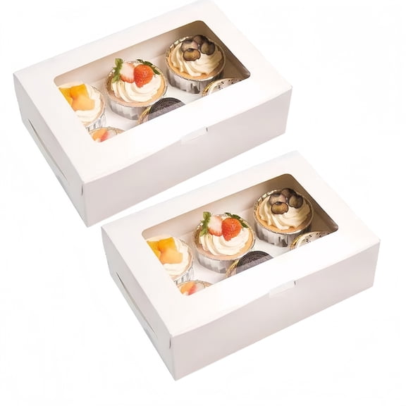 2-Set Cupcake Boxes Bulk with Clear Display Window Hold 6 Standard Cupcakes, Disposable Food Grade White Cupcake Carrier Cupcake Container, Perfect for Cupcakes Muffins Cookies Pastries