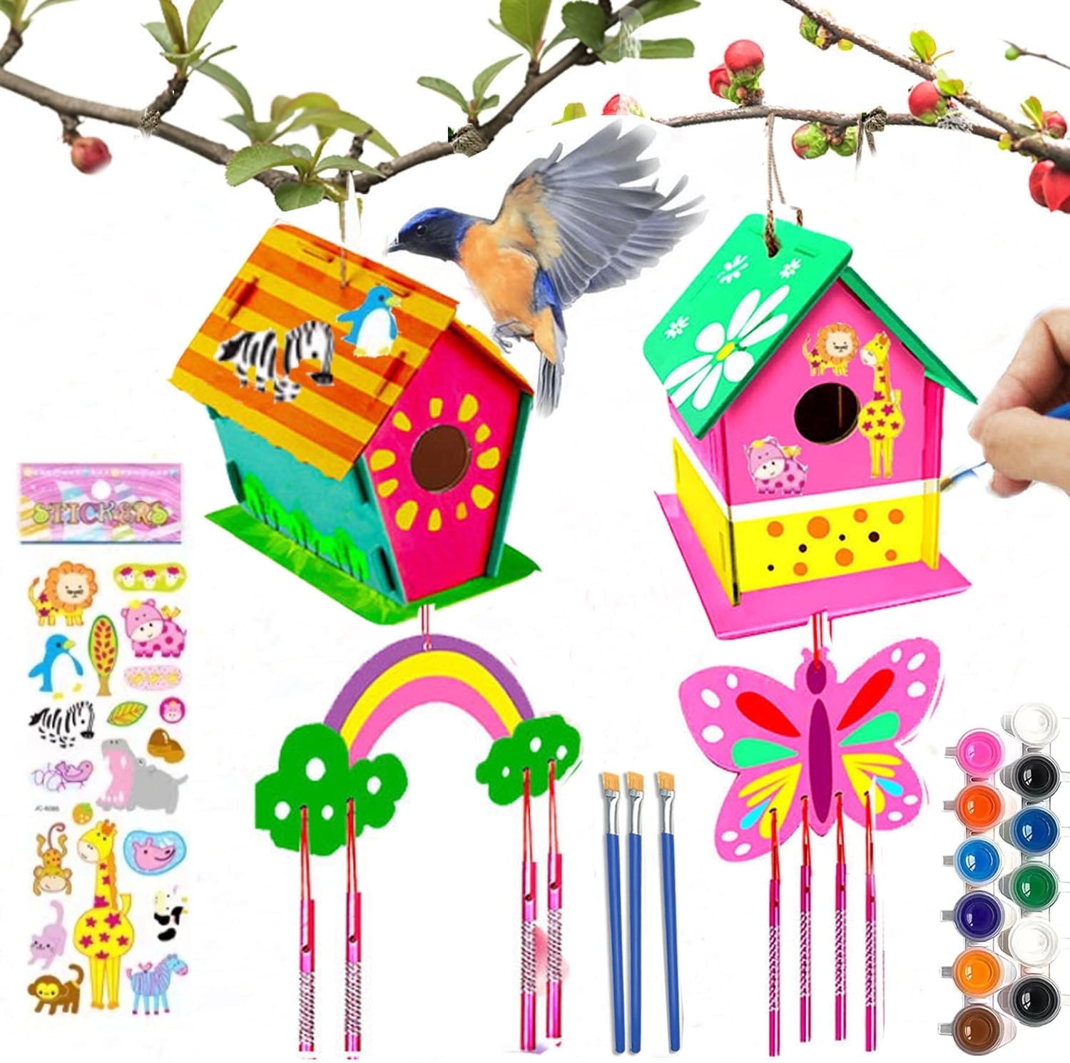 2 Set Diy Bird House Wind Chime Kits, Birdhouse Kit Crafts for Kids Ages 4-12, Build and Paint Birdhouses Wooden Arts Craft, Outdoor Toys, Ideal Birthday, Children's Day Gifts