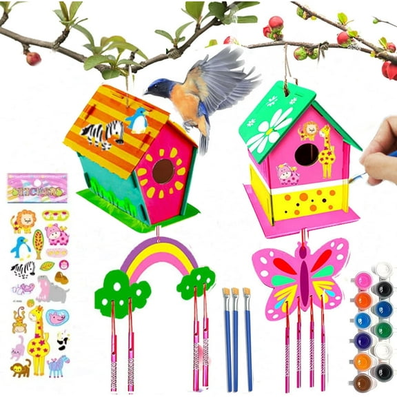 2 Set Diy Bird House Wind Chime Kits, Birdhouse Kit Crafts for Kids Ages 4-12, Build and Paint Birdhouses Wooden Arts Craft, Outdoor Toys, Ideal Birthday, Children's Day Gifts
