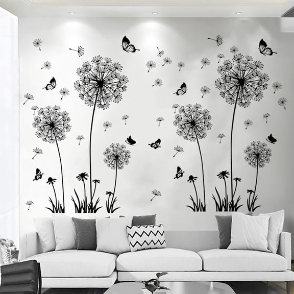 2 Set Dandelion Wall Decals, Flower Stickers, Murals With Butterflies for Bedroom, Office, Bathroom, Living Room - Removable Floral Peel and Stick Art Decoration