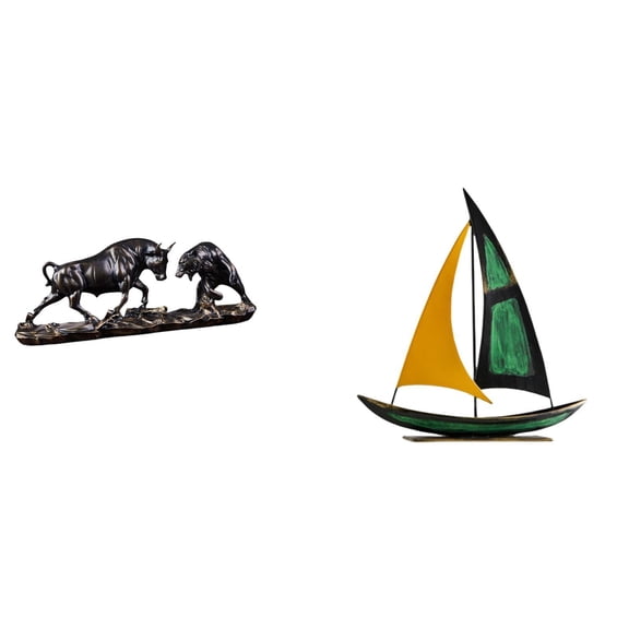 2 Set Desktop Statue Bull and Bear Fight Figurine Sailboat Sculpture Modern Resin Iron Living Room Decor