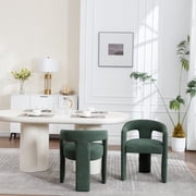 2 Set Dining Chairs, Modern Boucle Upholstered Barrel Kitchen Chair with Round Back & Arm, Multipurpose Comfy Accent Armchair for Dining Room Living Room, Green