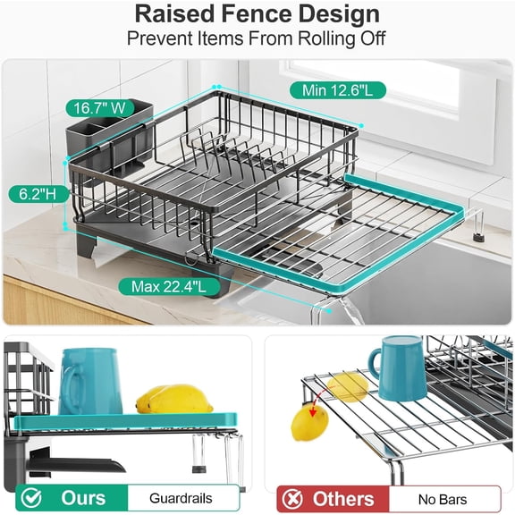 2 in Set Dish Extendable Drying Rack and Sink Caddy - Expandable 2-in-1 Dish Drying Rack with Drain Spout and Large Sponge Holder for Kitchen Sink, Bundle Sales