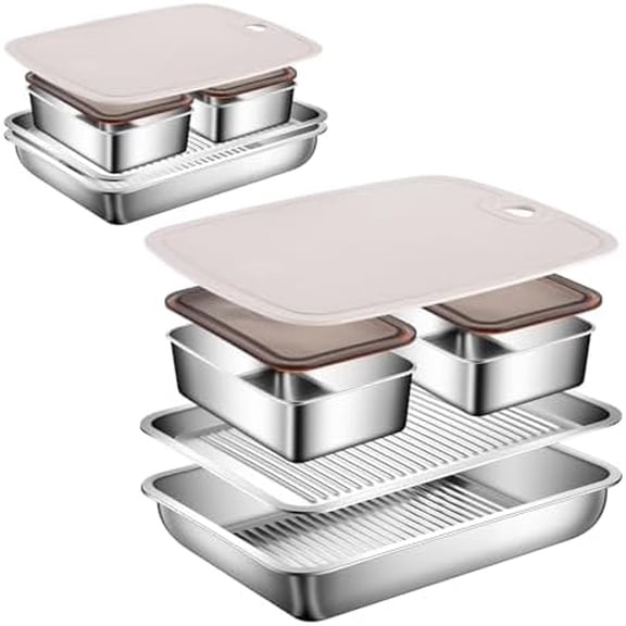 2-Set Drip EZ BBQ and Meal Prep Tub, Grill Carry System, Grill Prep Tray for Serving, Meat Platter with Cutting Board for Outdoor Grill, Marinating Container with Lid, Stainless Steel$$Garden & Patio