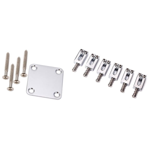 2 Set Electric Guitar Accessories: 1 Set Neck Plate with Screws & 1 Set Bridge Saddles Flat Set