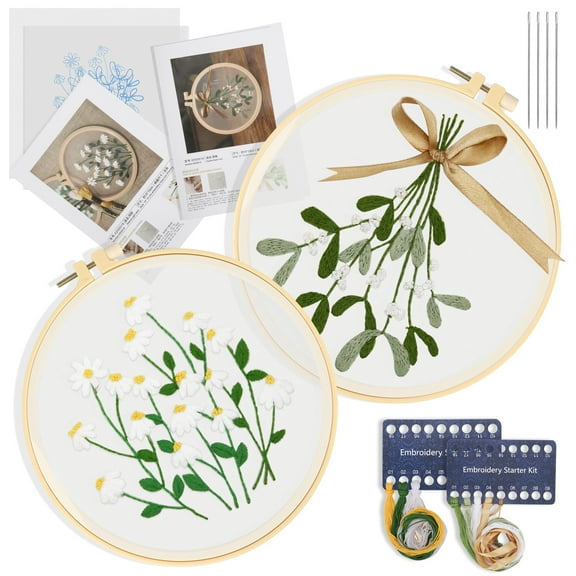 2 Set Embroidery Starter Kit, TSV DIY Cross Stitch Sewing Kit for Beginner with Hoops and Needles