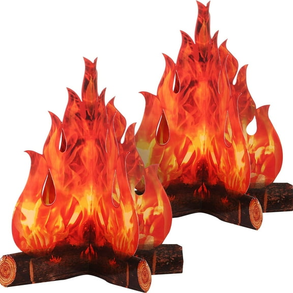 3D Cardboard Fake Flame 2 Pack, Artificial Fire Camping Decoration for Party Tent Christmas Bachelorette Halloween Camp, Orange Red