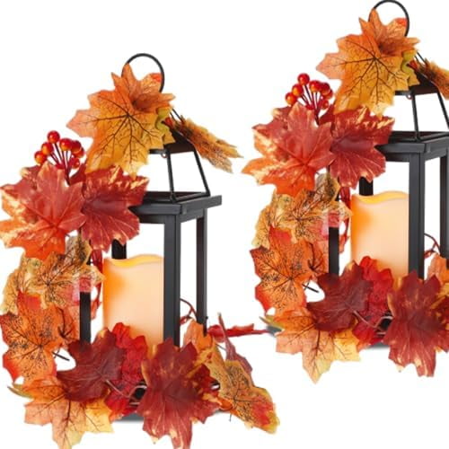 2 Set Fall Lantern Decorations 14in Thanksgiving Metal Lantern Holder with Led Candle Vintage Candle Holder with Maple Vine Decor for Outdoor Indoor Patio Front Porch Table