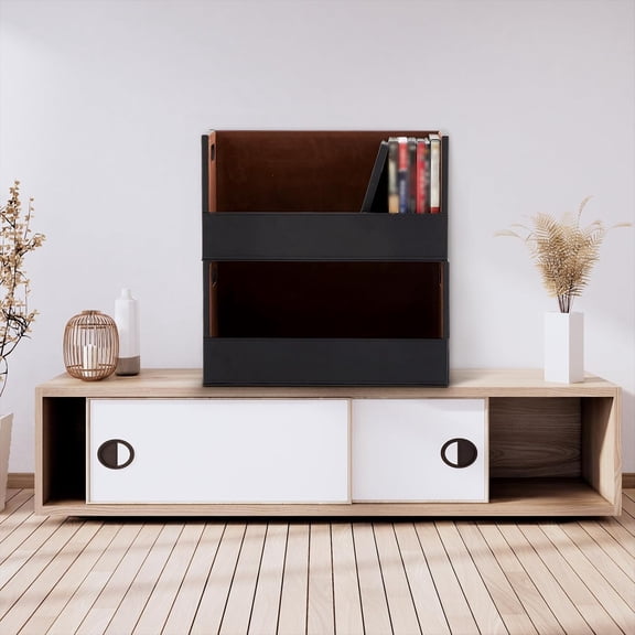 2 Set Faux Leather DVD Storage Box Stackable Organizer with Magnetic Closure for Movies and Tapes