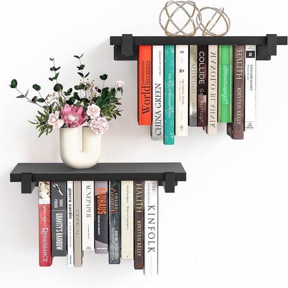 2 Set of Floating Bookshelf, Pine Wood Invisible Bookshelf, Hanging Bookshelves for Wall, Unique Space Saving Wall Bookcase, New Black (16.5L×8.7W×1.5H)
