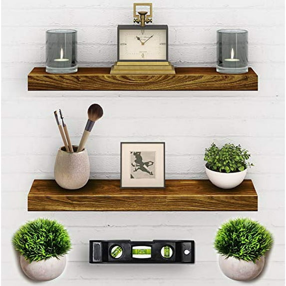 2 Set Floating Shelves - Real Wood Mounted Wall Shelf - Kitchen/Bathroom/Bedroom/Bedrooms/Living Room - 24in x 5.5in x 1.5in Hanging Shelf - Paulownia W/Walnut Finish - Mounts and Level Tool
