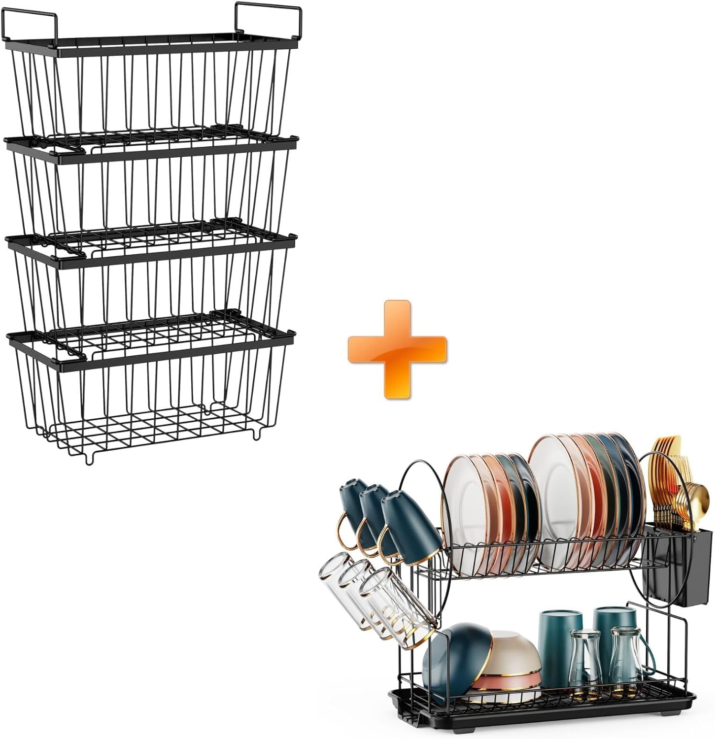 Bundle Rack Housekeeping 2 in Set Freezer Organizer Bins and Dish Drying Rack - 4 Pack Stackable ...