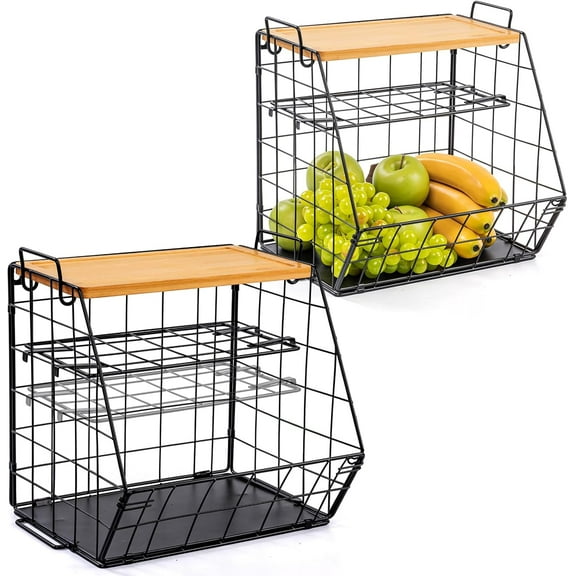 2 Set Fruit Basket for Kitchen with Bamboo Cutting Board, 3 Tier Pantry Kitchen Organizers and Storage, Stackable Wire Wall Basket, Onion Potato Vegetable Storage for Countertop Floor Cabinet Shelf