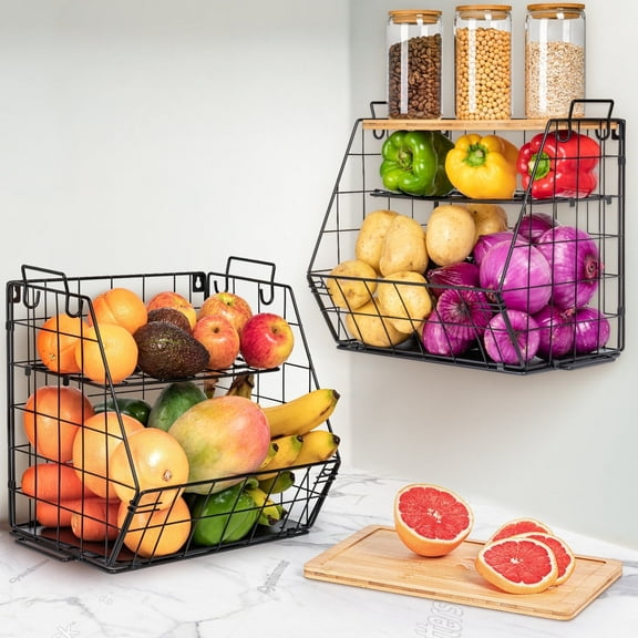 Gracenal Fruit Basket for Kitchen with Collapsible Metal and Wood, Bamboo Cutting Board, Pantry Organizers (1 Pack)