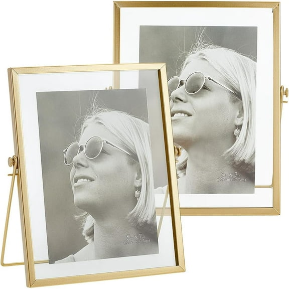 2 Set Golden Floating Picture Frame set 9 x 7 Frame Picture Metal Glass Photo Frames Tabletop Display Photo Frame for Wedding Party Office Decor