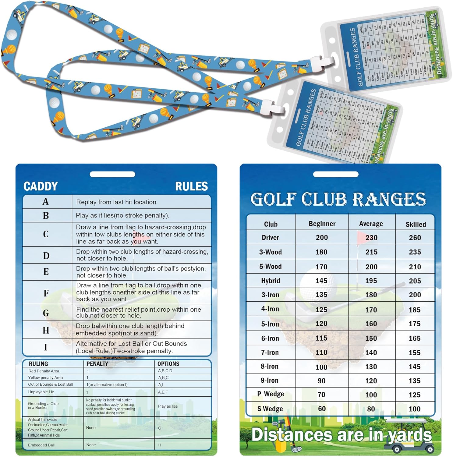 2 Set Golfers Quick Reference Distance Card Golf Club Range Estimation